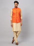 Vastramay Men's Orange Matka Silk Nehru Jacket With Gold Silk Blend Kurta and Pant style Pyjama Set